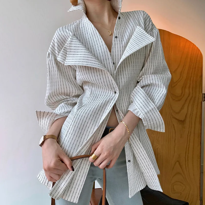 

KESHANGYI 2023 Autumn New Light Mature Casual Fit Top Suit Collar Side Opening Long Sleeve Fashion Stripe Shirt Blouse Women