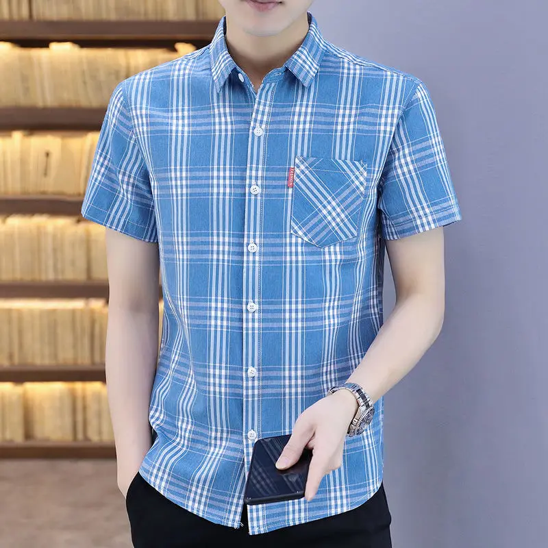 Men's Buttoned Down Short Sleeve Checkered Shirt Men Single Patch Pocket Quality Casual Regular-fit Plaid Cotton Shirts E71