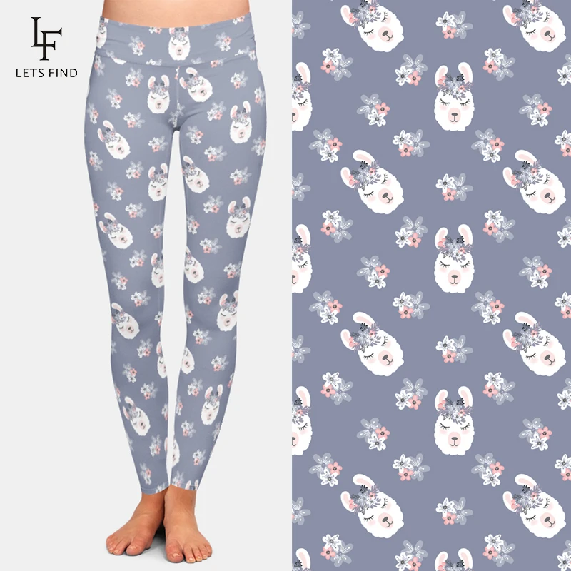 LETSFIND New Women High Waist Lavender Leggings Cartoon Alpaca Printing Fashion Elastic Milk Silk  Casual Girl Pants