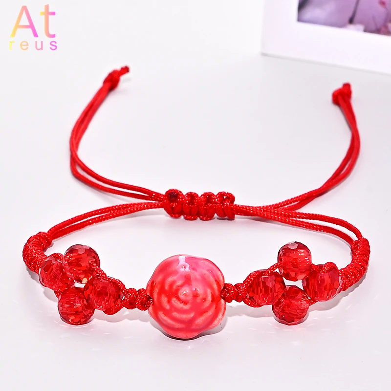 

Red Rose Flower Bracelet For Girl Handmade Beads Rope Chain Woven Bracelet For Women Couple Gift