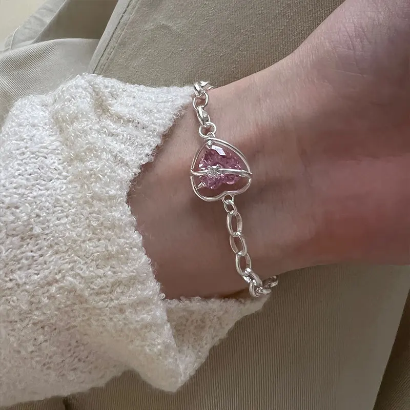 

Silvology Real 925 Sterling Silver Cute Pink Zircon Heart Bracelets for Women Elegant Openwork Bracelets 2022 Trend Fine Jewelry