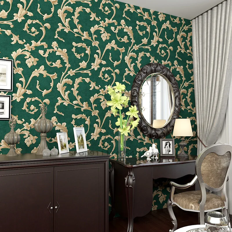 

American Rural Non-woven Wallpaper Bedroom Living Room TV Emerald Green Background Wallpaper Retro Cottage Leaves