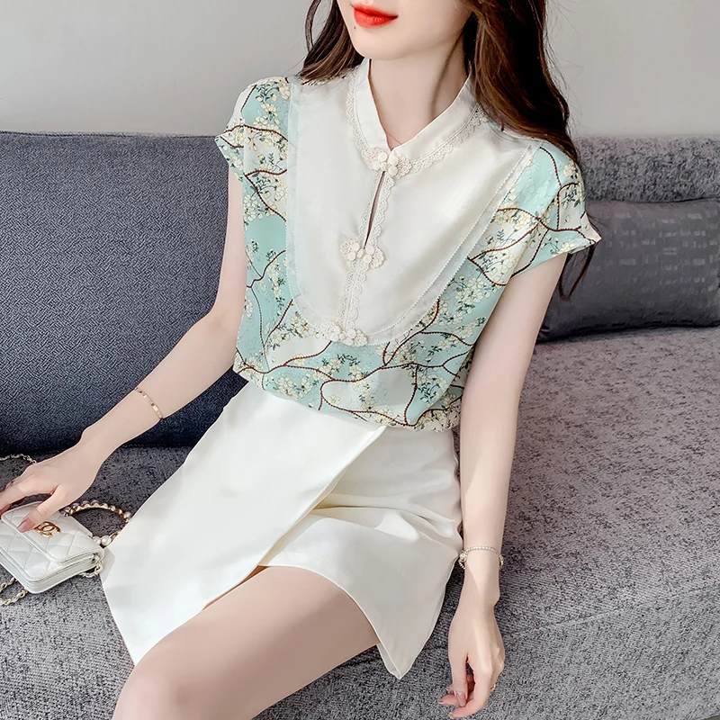 

Шифоновая рубашка для женщин, Летняя Повседневная Блузка с принтом, топ с коротким рукавом и V-образным вырезом, свободная блузка на пуговицах, не стрейч, 2023