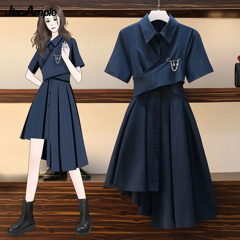 

2023 Summer Preppy Style Bandage Blue Dress Women's Fashion Polo Collar Bowknot Asymmetrical Dresses Student Trendy Streetwear