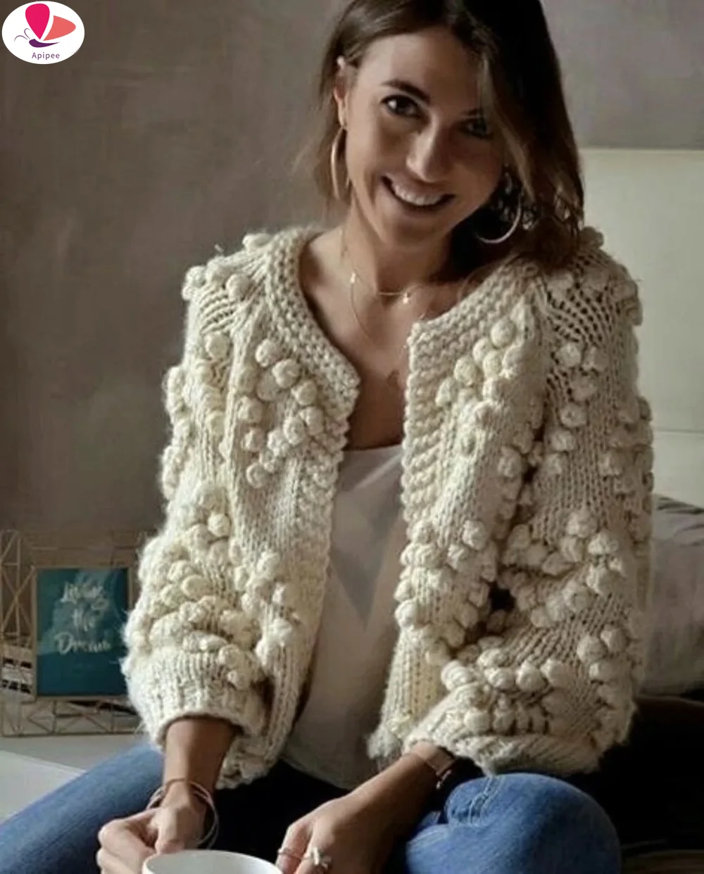 

APIPEE осень-зима 2023, новинка, женский шерстяной свитер в стиле «летучая мышь», с толстой строчкой, короткий свитер, кардиган, куртка для женщин