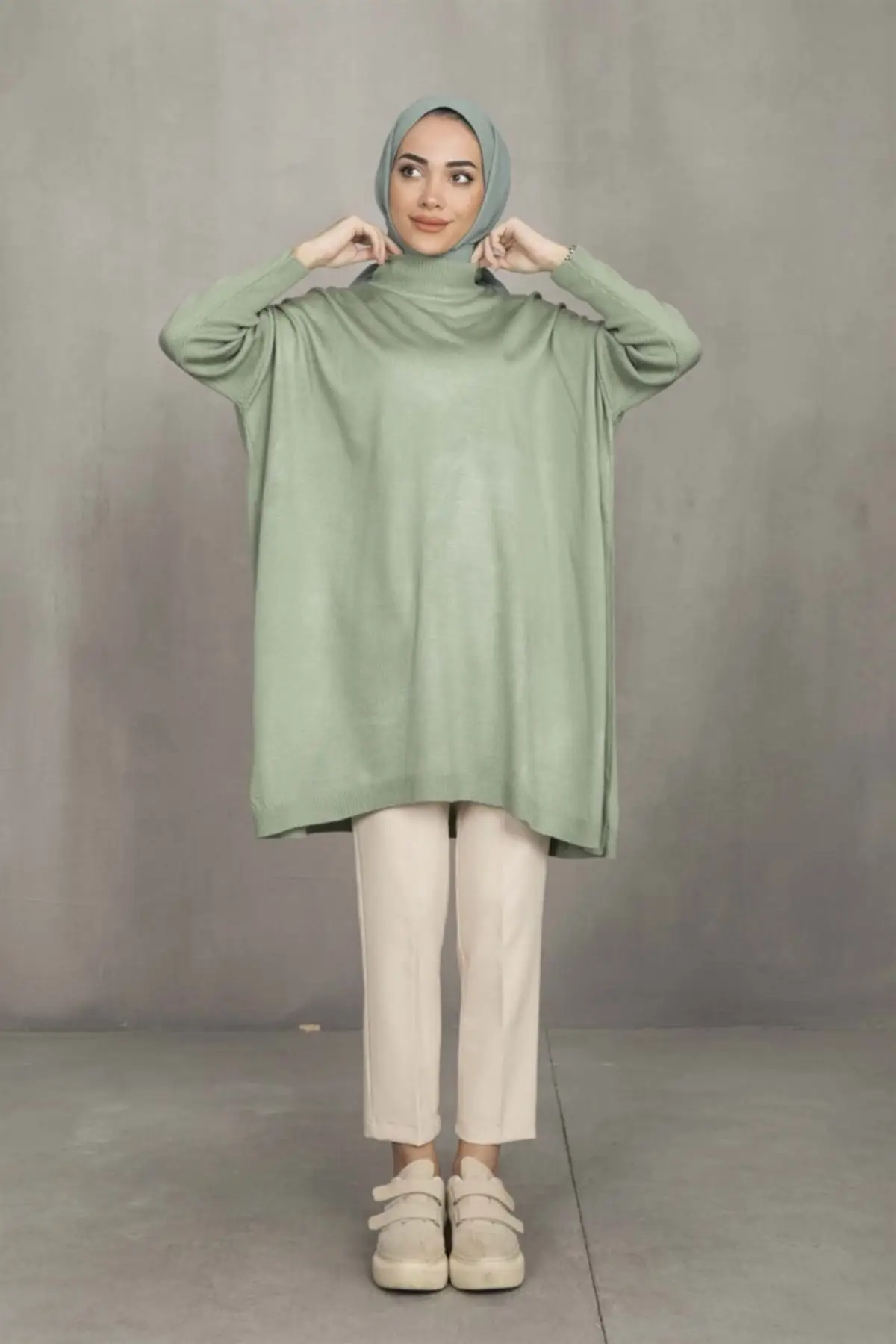 Women's Green Almond Yeşili Half Turtleneck Knitwear Panço Pullover Tunic Long Plain Hijab Blouse & Clothing