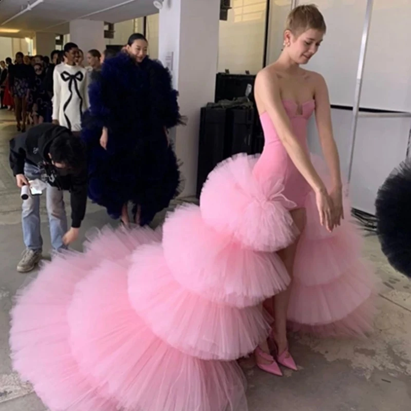 

Super Extra Hi Low Dresses Maxi Tulle robe de soiree Fluffy Pink Prom Gown Layered Lush Asymmetrical Long Party Dress Tiered