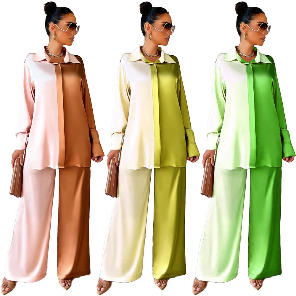 

Fashion Contrast Colors Women Turn Down Neck Satin Two Pieces Set 2023 New Long Sleeves Shirt Butttons Pants Party Streetwear