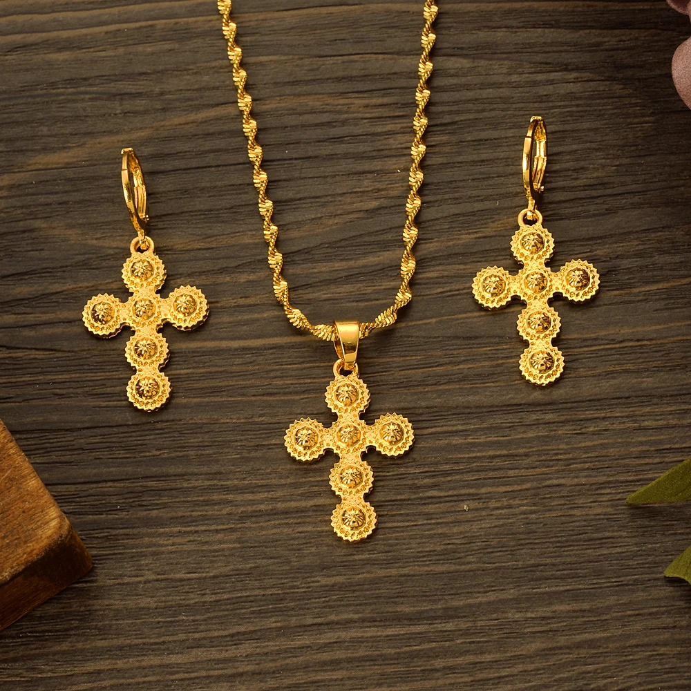 

Dubai Vintage Cross Jewelry Set Ethiopia Charm Christian Gold Color For Women Simple Earring&Pendant Wedding Bridal Gift Chain
