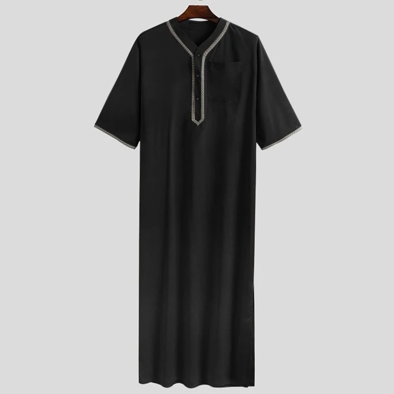 Islamic Clothes Arabic Kaftan Solid Color V Neck Muslim Robes Men Loose Casual Dubai Abaya Jubba Thobe 5XL Ramadan Husband Gift