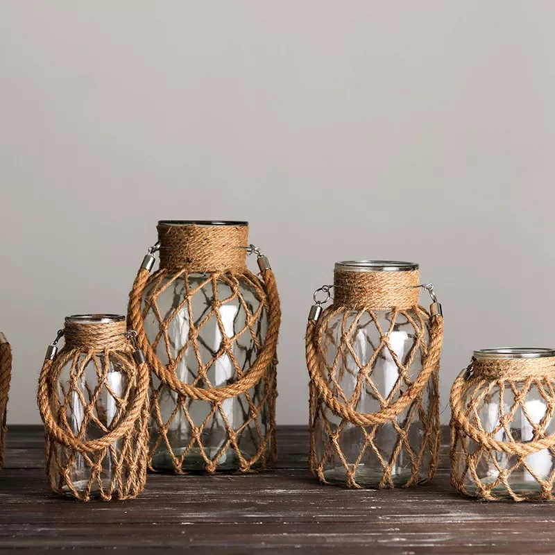

NEW2023 American Style Decorative Vase Hand-woven Hemp Rope Glass Transparent Vase Pot Creative Hydroponic Vase Retro Home Deco