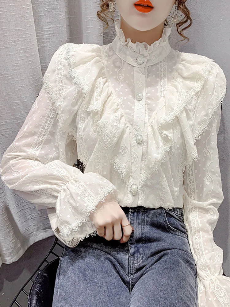

Blusas Fashion Ruffle Stitching Lace Blouse Long Sleeve Loose Chiffon Shirts Korean Style Stand Collar Pleated Top Elegant 15832