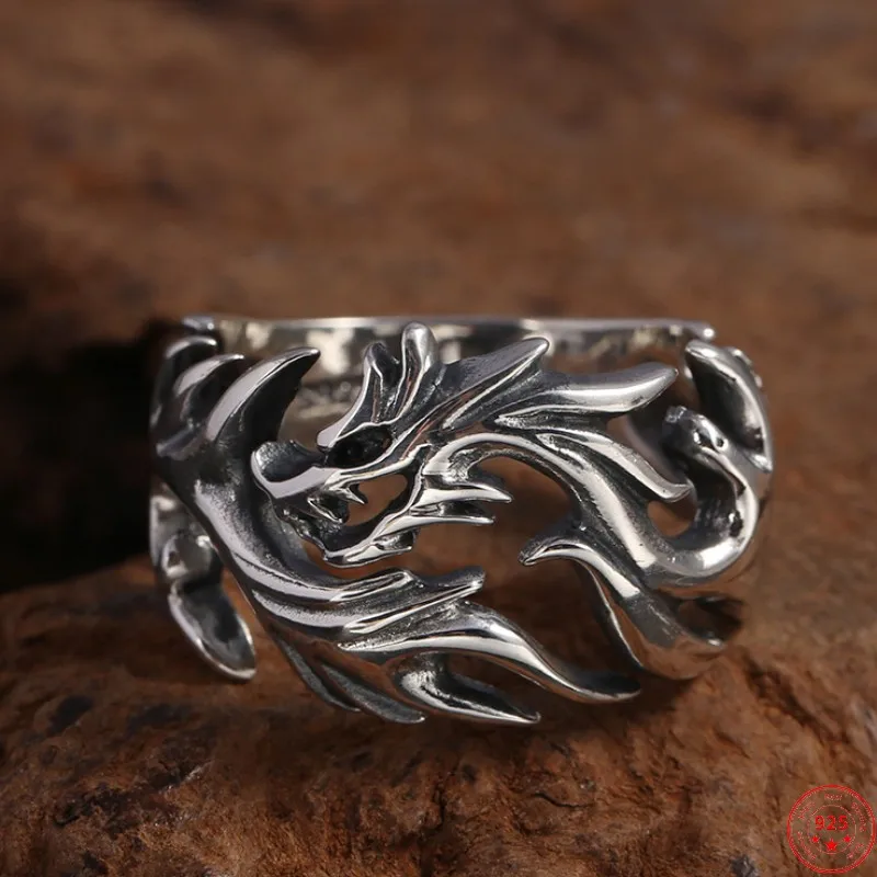 

S925 Sterling Silver Rings for Men Women Genuine New Fashion Hollow Dragon Pattern Argentum Punk Viking Jewelry Adjustable