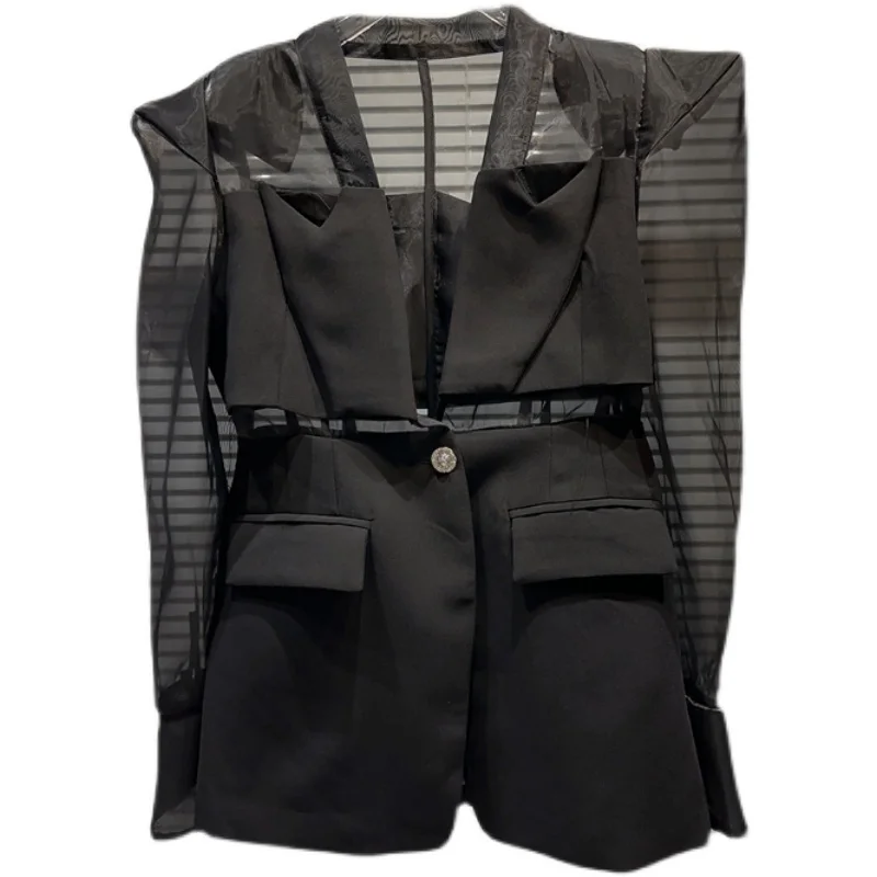 2023 Spring and Summer New Socialite Mesh Stitching Long Sleeves Padded Shoulder Solid-Colored Sun Protection Suit Jacket Women