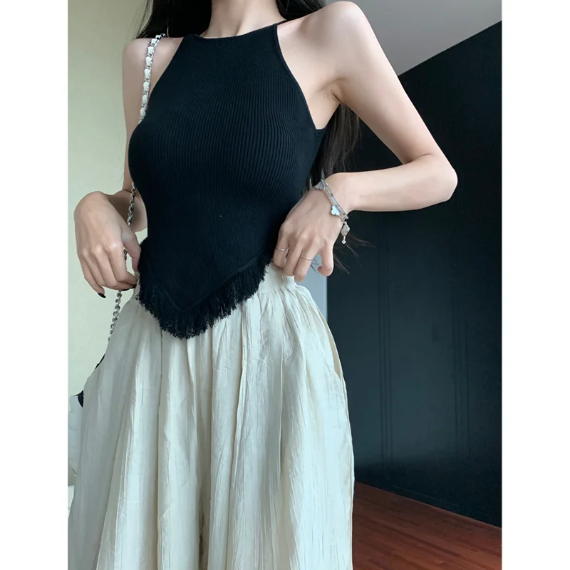 

Women's Clothing Suspender Tank Top Spicy Girl French New Design Sense Hanging Neck Tassel Knitted Slim Temperament Short Top