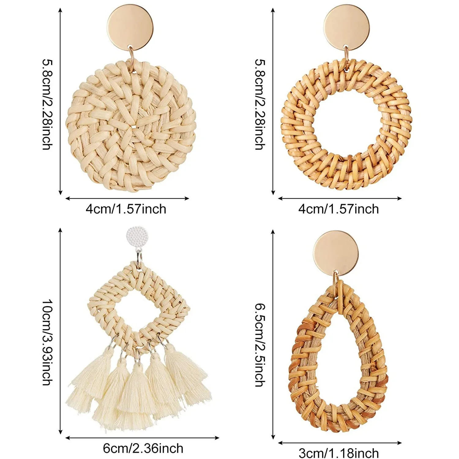 Boho Висячие серьги из ротанга богемные геометрические кисточки плетеные ручной