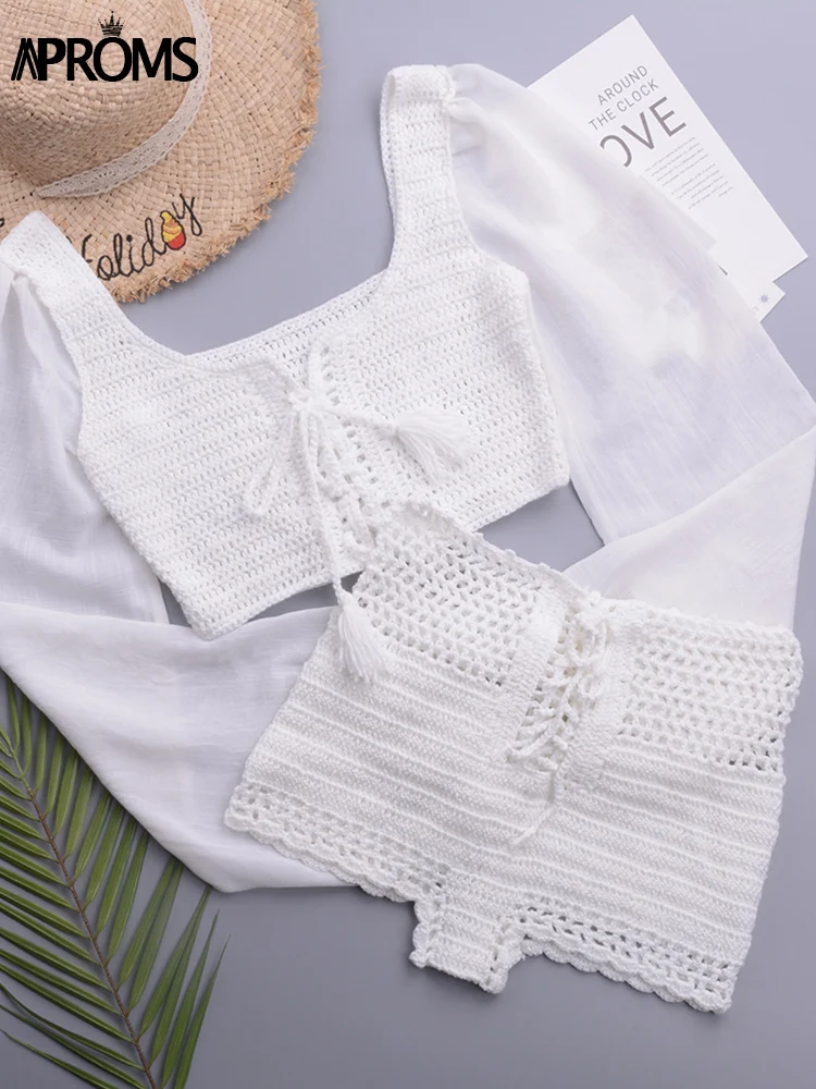 Женский хлопковый кроп-топ Aproms белый повседневный комплект из 2 предметов