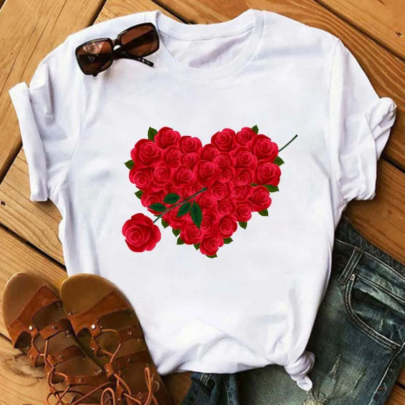 

Heart Flower Print Women Summer Casual Funny Graphic T Shirt 90s Lady Yong Girl Tops