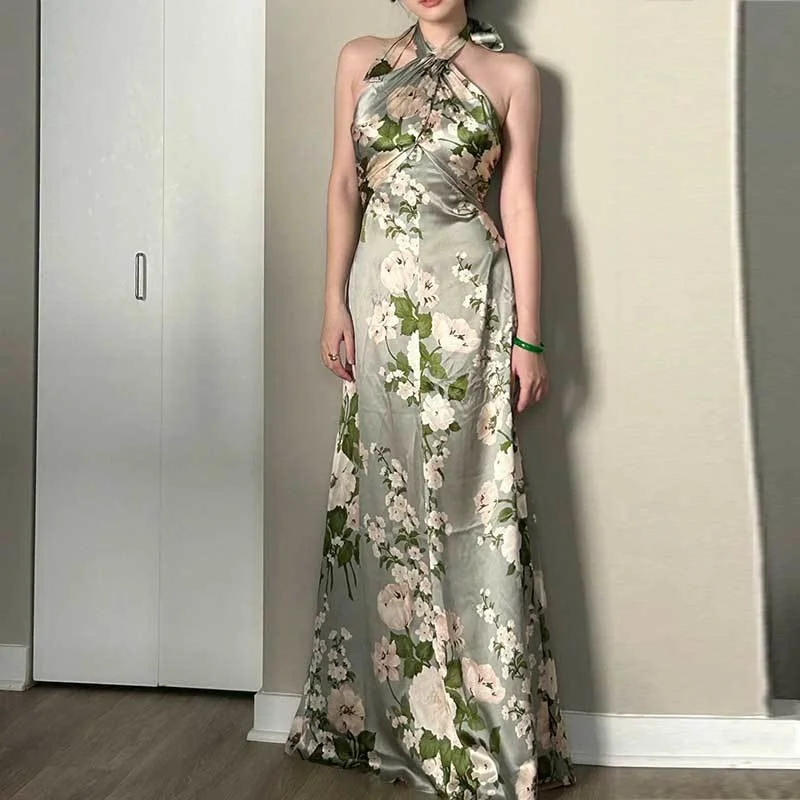 

Women's Hanging Neck Printed Maxi Dress Fashion Holiday Style Silk Texture Backless A-line Dress Runway Sexy Clothing Streetwea