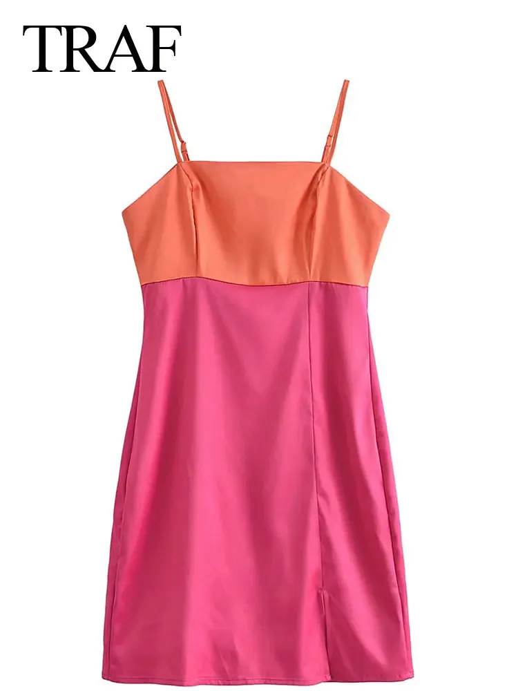 

TRAF Trend Splicing Contrast Color High Waist Mini Women's Dress Temperament Fashion Fashion High Sexy Sling Ladies Dress