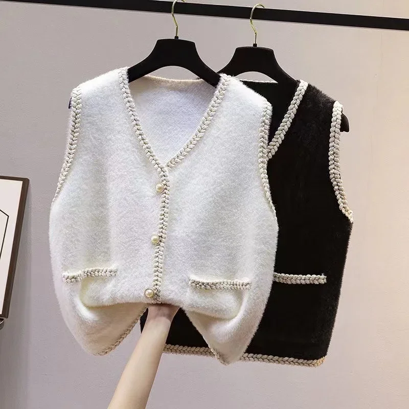 Женский шерстяной жилет в Корейском стиле модный со вставкой из кожи и меха