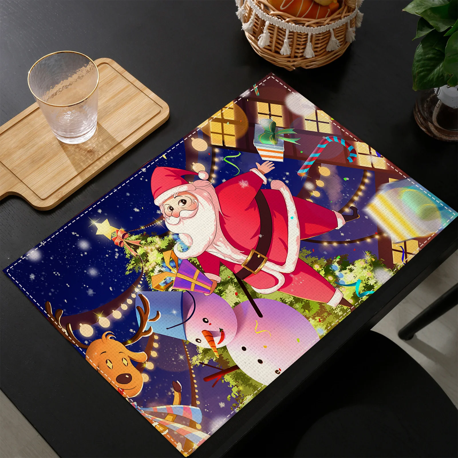 Набор из 4 праздничных рождественских льняных салфеток-Санта снеговик олень с