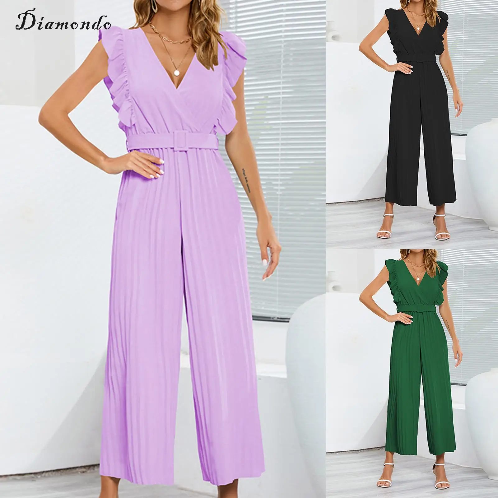 

Женские комбинезоны с широкими штанинами, цельный комбинезон с рюшами, плиссированный однотонный комбинезон с v-образным вырезом, модный комбинезон с поясом и высокой талией