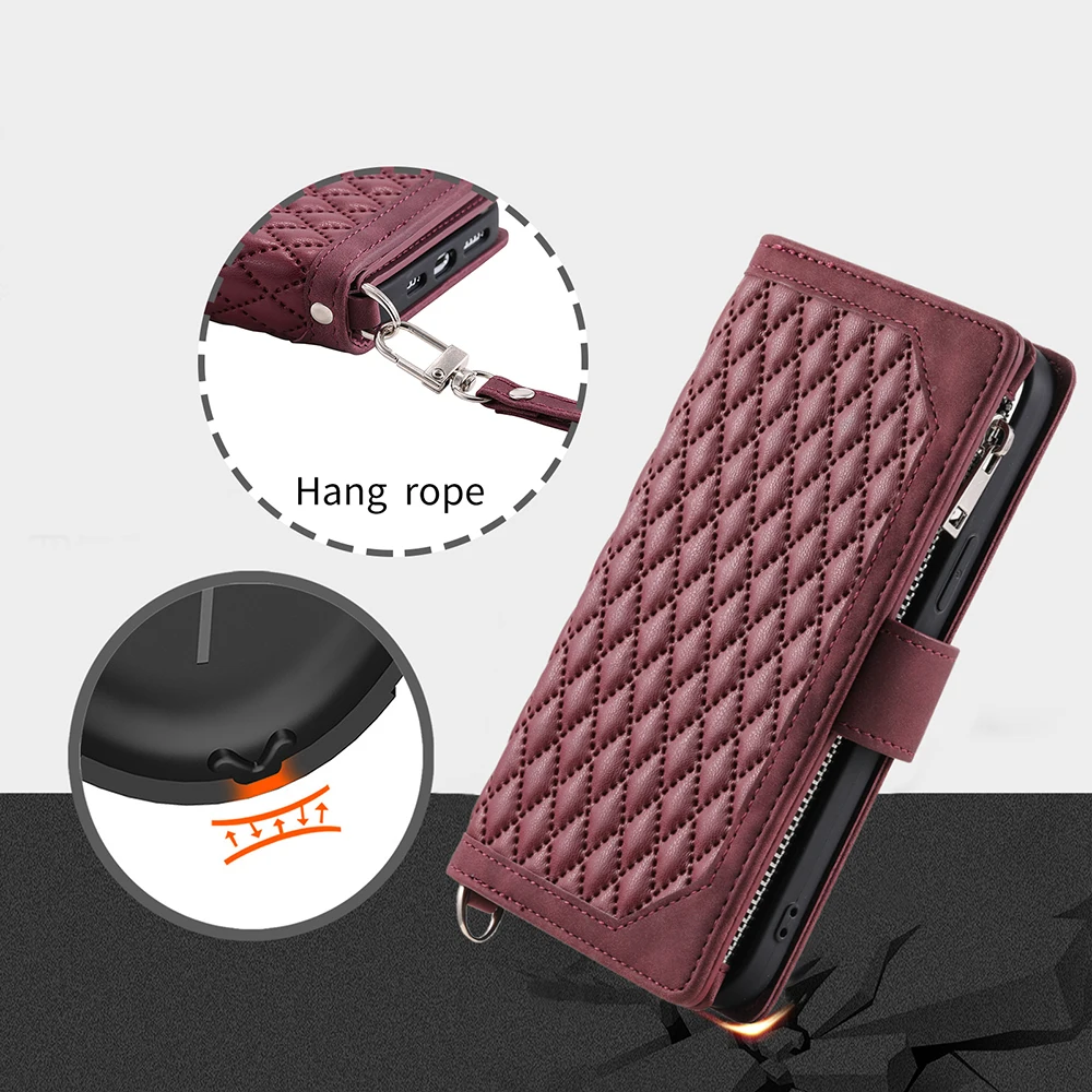 Zipper Wallet Multi Card Slots Case For Redmi Note 11 11S 10 10S 10T 9 9S 10A 9A 9C 9T Mi 12 Pro 11 Lite Flip Cover With Strap