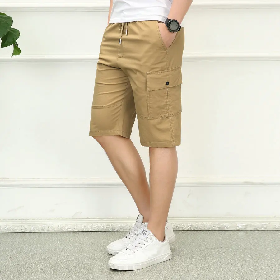 

2023 Men's Summer Cotton Shorts Khaki Army Green Adjustable Waist Side Baggy Function Pocket Design Casual Everyday Wear Male