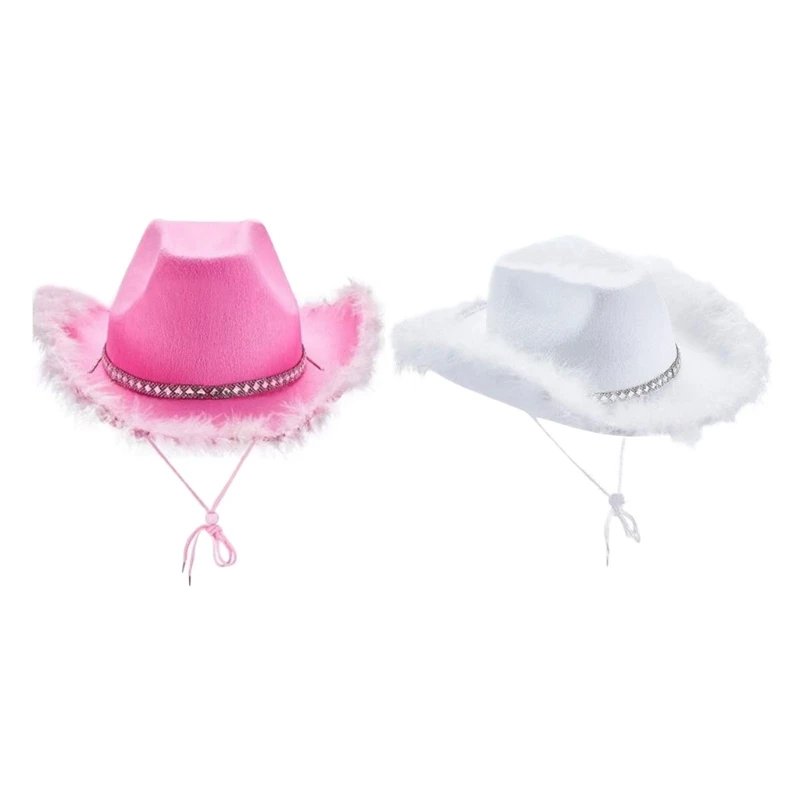 

Women Western Styles Pink Cowboy Hat Fashion Partys Costume Warped Wide Brim for w/ Sequin Decoration Tiara Cowgirl Hat