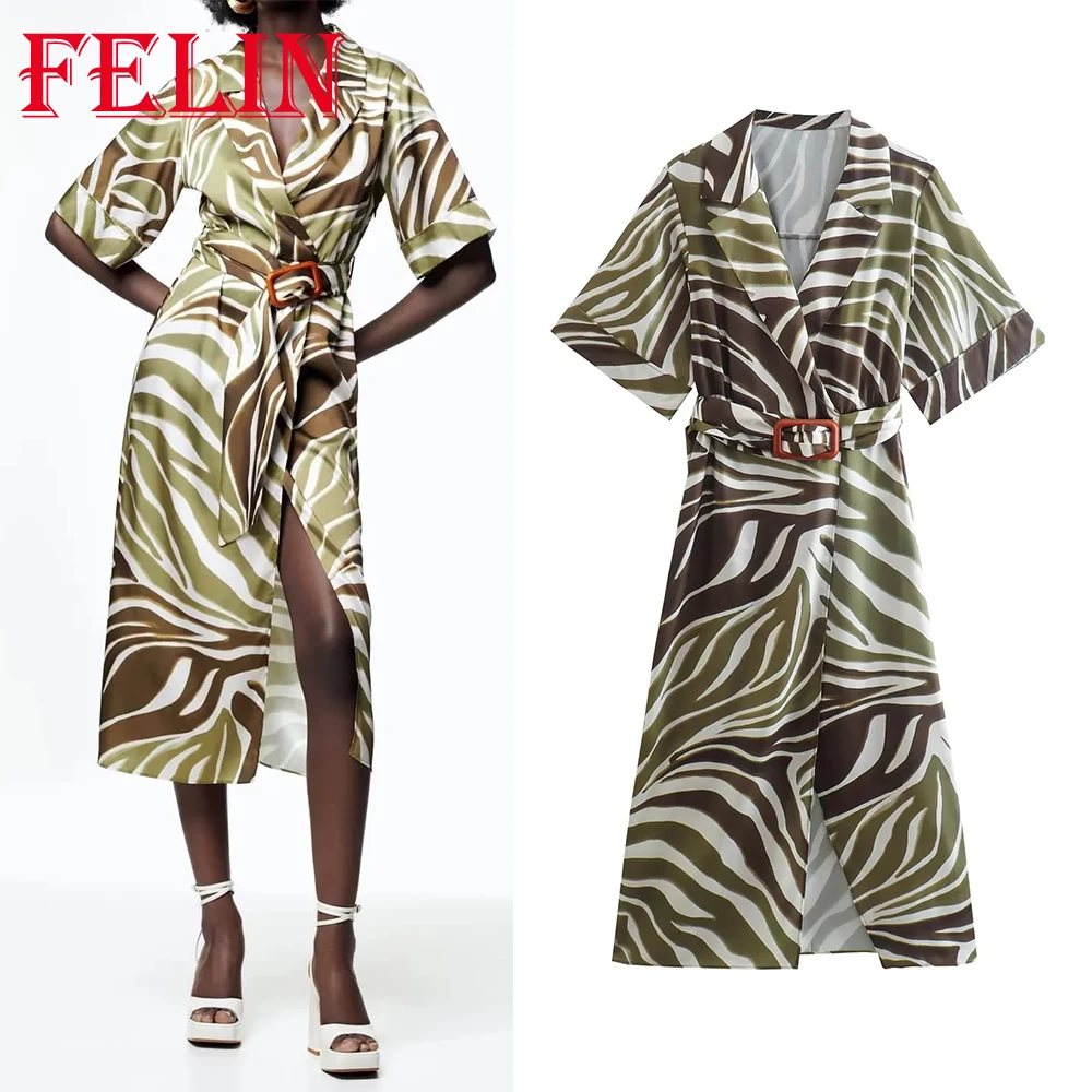 

TRAF ZAZB Vintage Animal Striped Print Women Dress Short Sleeve V Neck Sashes Side Split Midi Dress Office Lady Fashion 2022