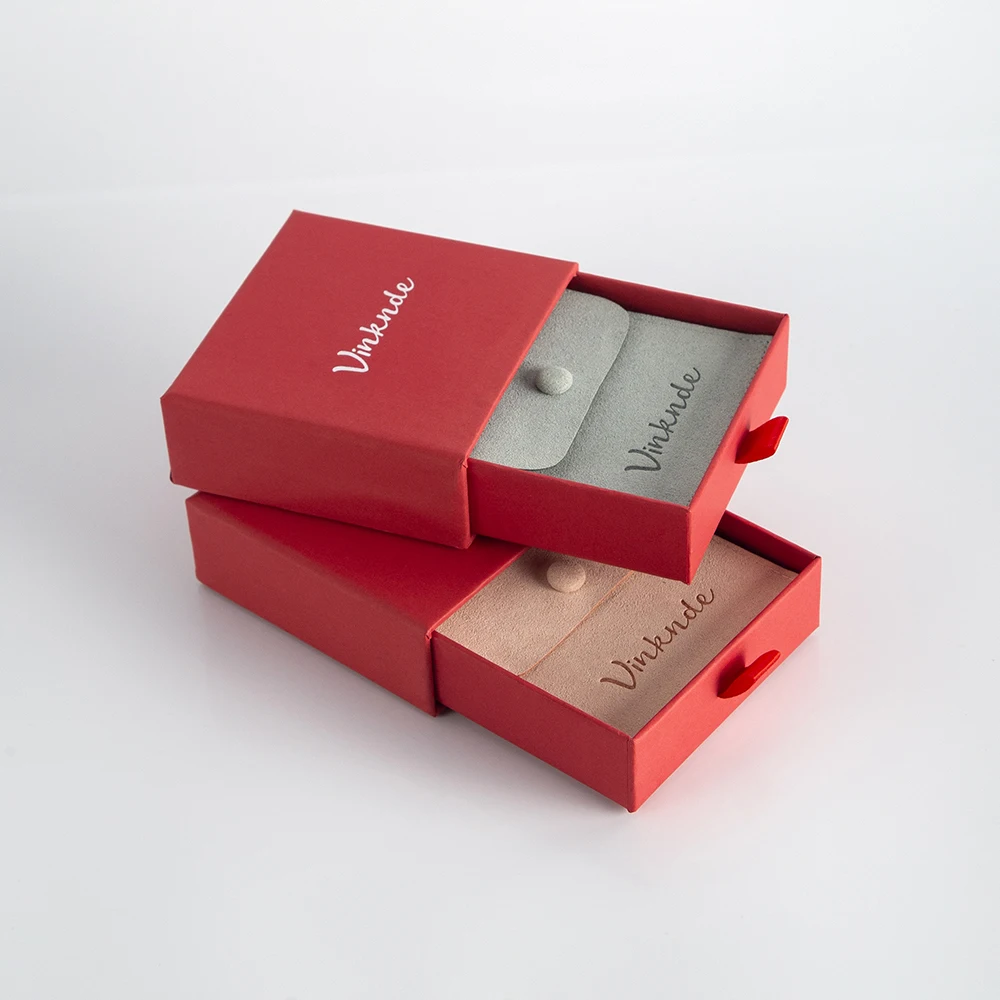 Red Cardboard Boxes Microfiber Suede Button Bags Set Custom Logo DIY Jewelry Earrings Necklace Packaging Organizer Case Pouches