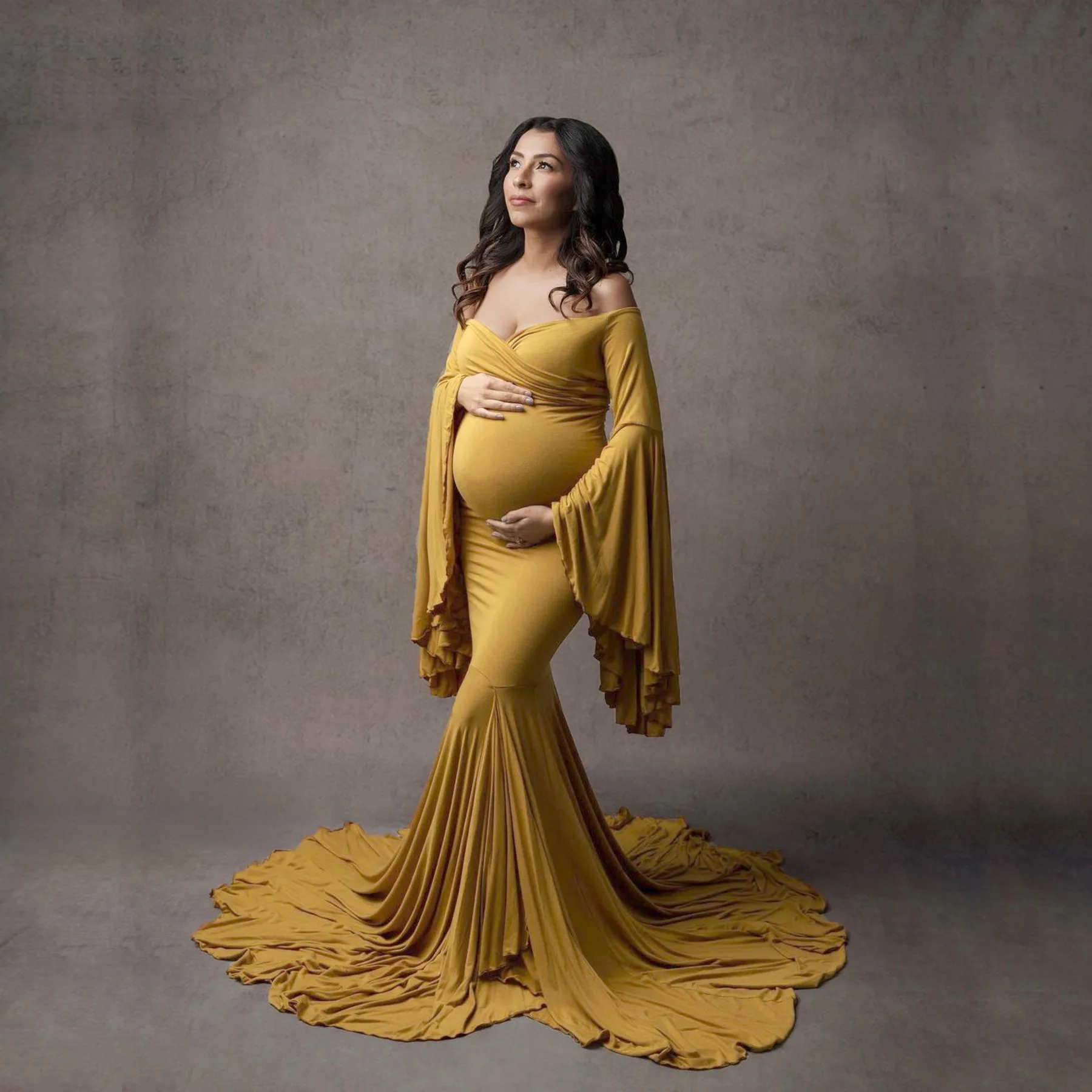 2021 Pregnancy Photo Shooting Dress Baby Shower  for Women Pregnant  Cotton Ruffle Sleeve V-neck Fishtail Skirt Red Blue Pink enlarge
