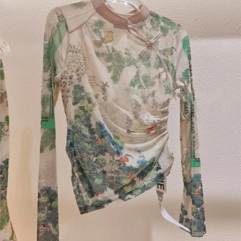 Китайский стиль воротник-стойка длинный рукав топ на пуговицах с цветочным