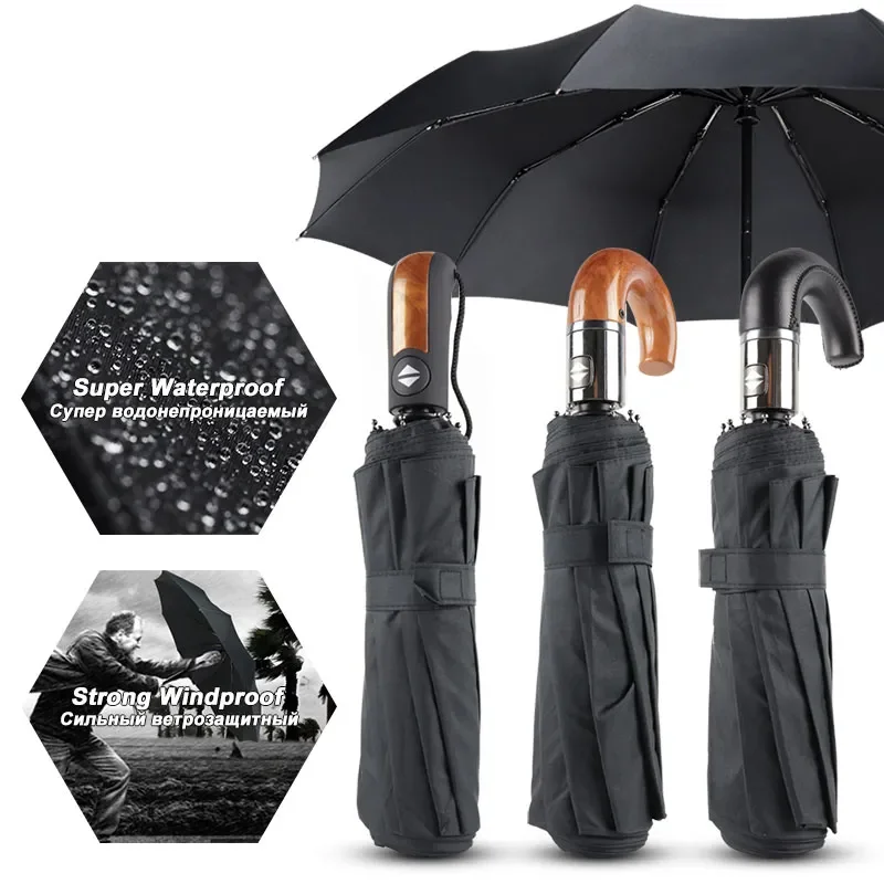 

NEW2023 Wind Resistant Large Automatic Umbrella Rain Women Leather Wood Handle Business British Style Umbrella Men's Gift 3F