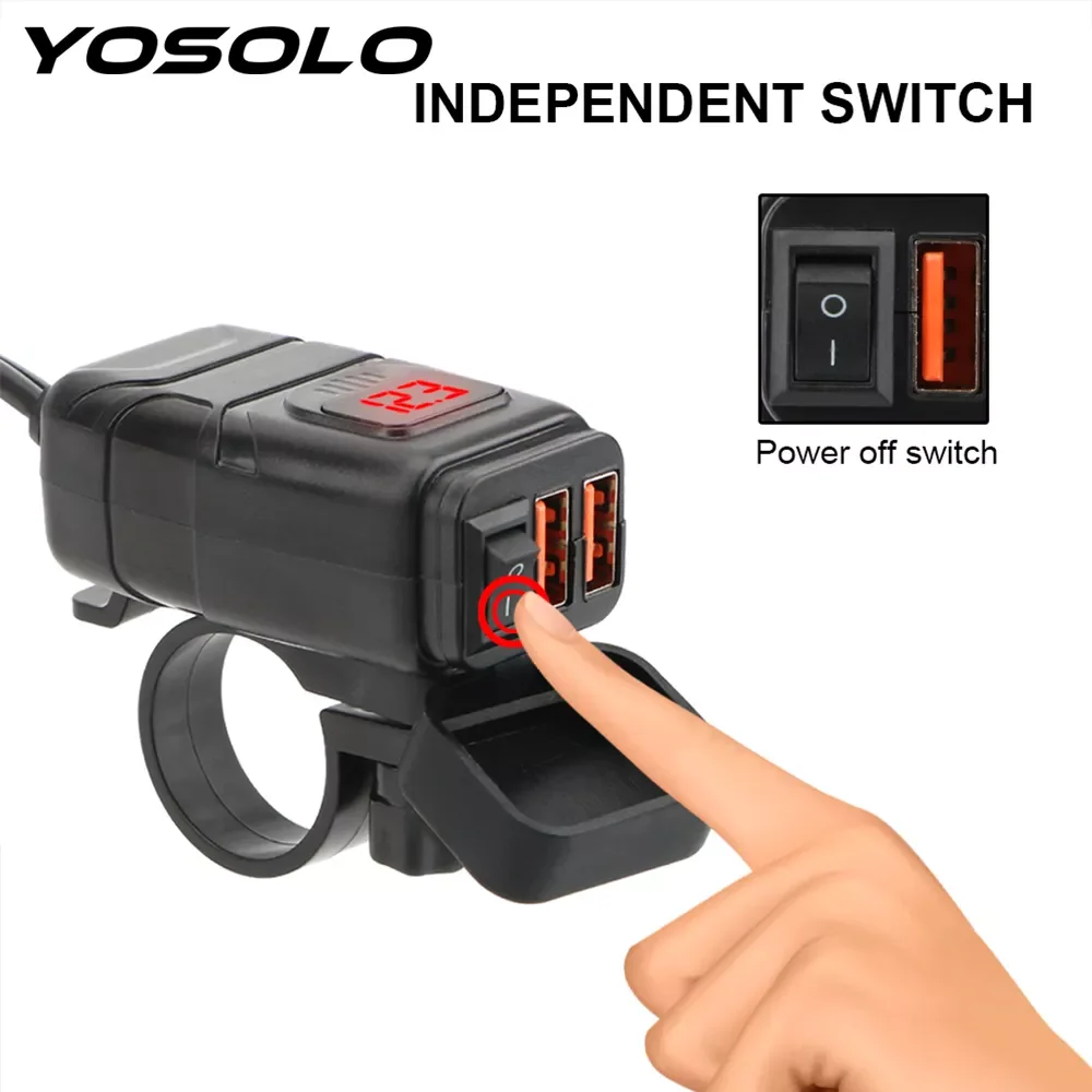 

Быстрое зарядное устройство YOSOLO для мотоцикла QC 3,0, зарядное устройство с двумя USB-портами, цифровой вольтметр, адаптер ВКЛ./ВЫКЛ., аксессуары...