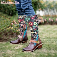 newest retro floral ethnic style boots round toe square heel sewing genuine leather side zipper knee high fashion comfortable
