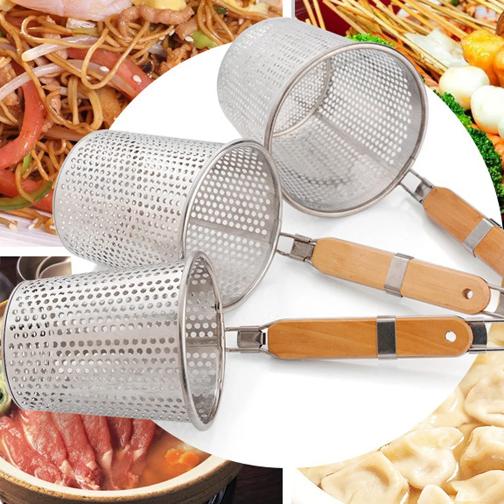 

ramen pot noodle strainer basket fine mesh pasta rice cooker sieve skimmer- Stainless Steel Strainer Basket Wooden Handle- Fine