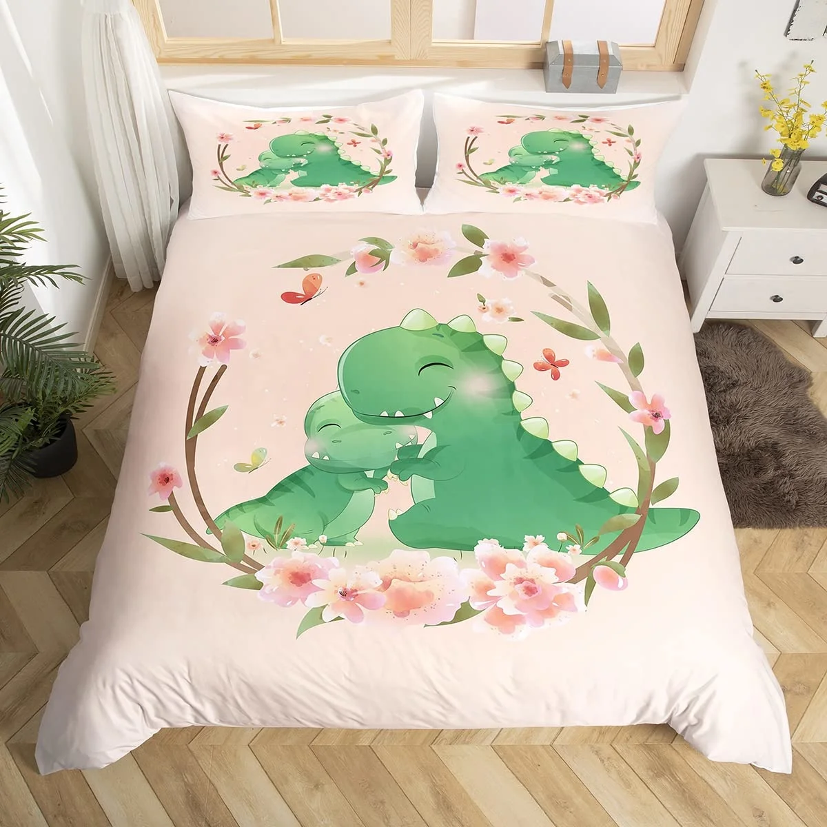 

Cute Dinosaur Duvet Cover Pink Floral Comforter Cover Kawaii Cartoon Animal Bedding Set Twin Japanese Cherry Blossoms Bed Cover