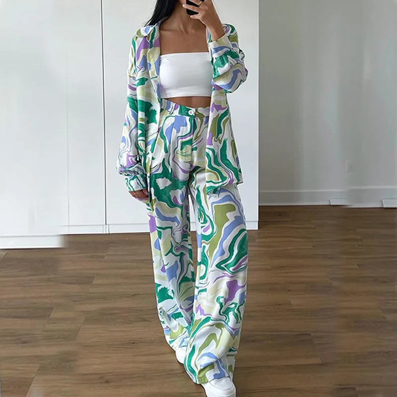 

Casual Loose Long sleeve single breasted split shirt+straight leg pant 2-piece Set Spring/Summer Women's Sets Elegant Print Suit