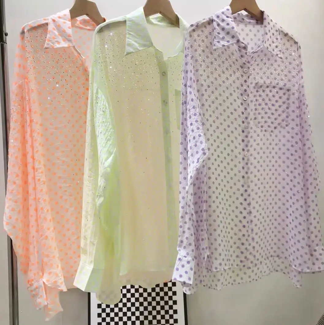 

Embroidery Hot Drilling Shiny Polka Dot Blouse Women's Thin Sun-Protection Shirt Top 2023 New Summer Outwear