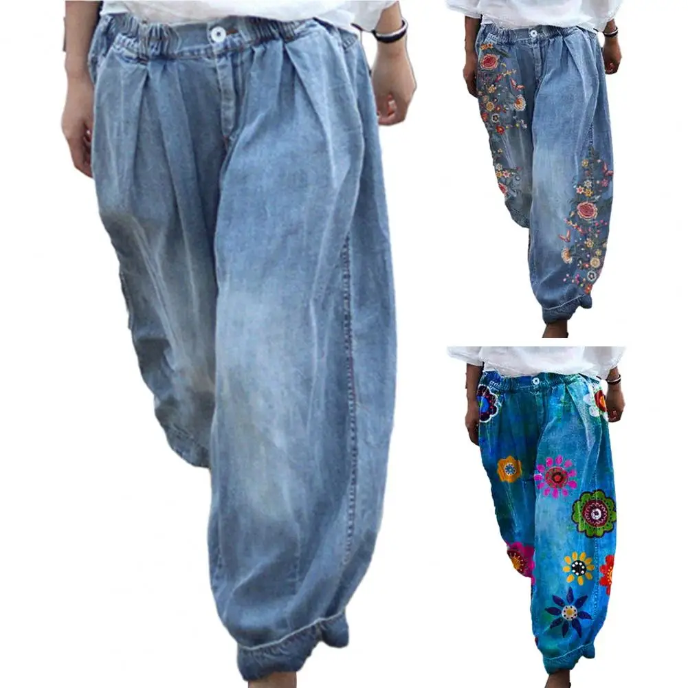 

Женские брюки с цветочным принтом, повседневные брюки со средней талией, свободные брюки с широкими штанинами, женская одежда на весну-лето