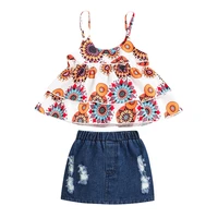 2pcs set fashion baby girl clothing rainbow print sleeveless top vestholes denim a line skirt set summer outfits