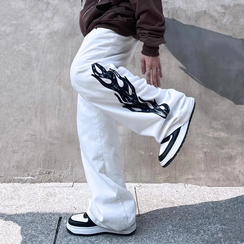 New Arrivals Flame Letter Embroidery Hip Hop Men Straight Jeans Trousers Streetwear Loose Denim Pants Oversize Pantalones Hombre