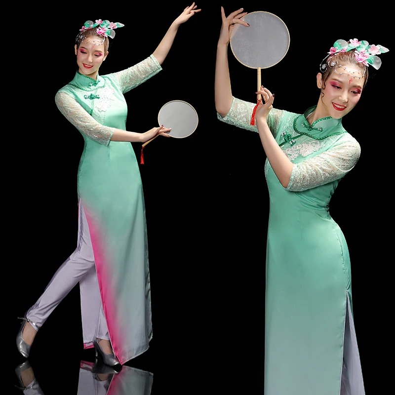 

Classical Dance Costume for Women Elegant Umbrella Fan National Yangko Dance Dress Chinese Modern Square Cheongsam Dance Suit