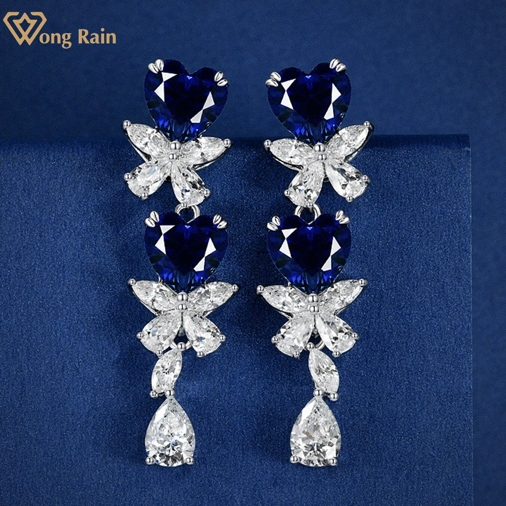

Wong Rain 925 пробы, серебро 2.4CT, сердце, созданное Moissanite, сапфир, драгоценный камень, вечерние серьги-гвоздики с бантом, ювелирные украшения