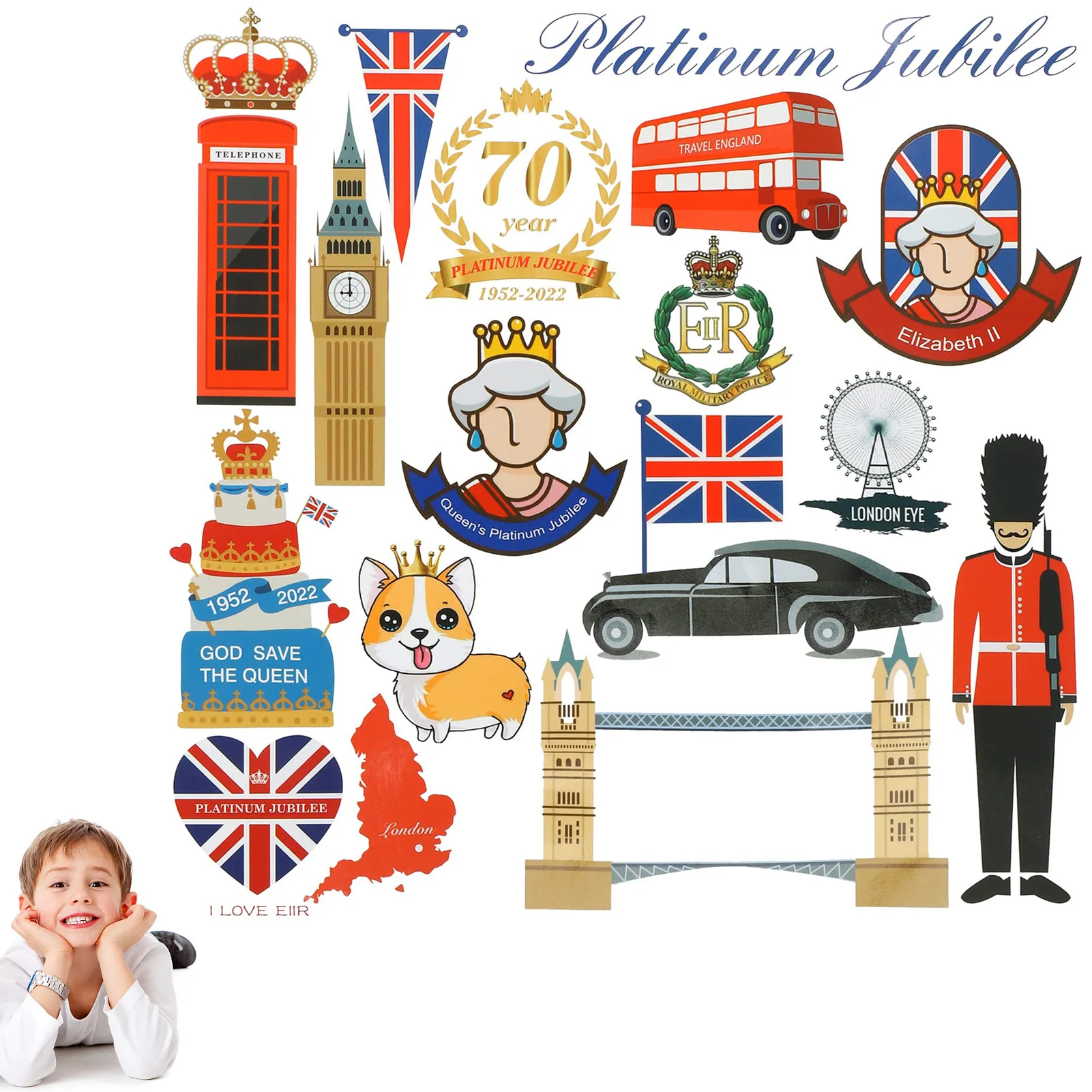

57pcs Queen's Jubilee Decorations Stickers 2022 70th Queen's Jubilee Decorative Stickers British London Decorations Waterproof
