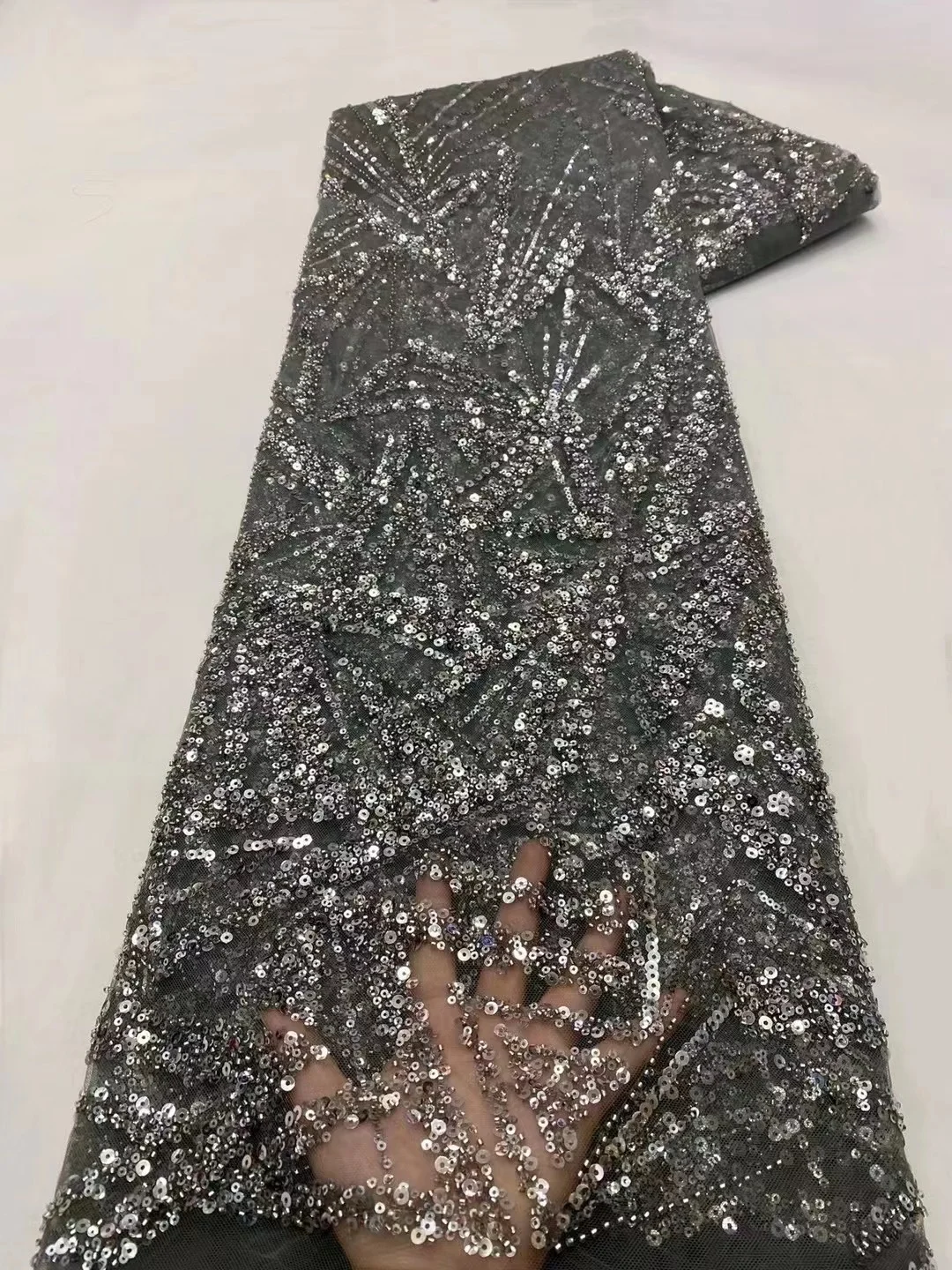 

African Lace Fabric Grey 2023 With Beads Embroidery Sequins French Net Lace Tulle Mesh Fabrics Blue Lace For Wedding Dress