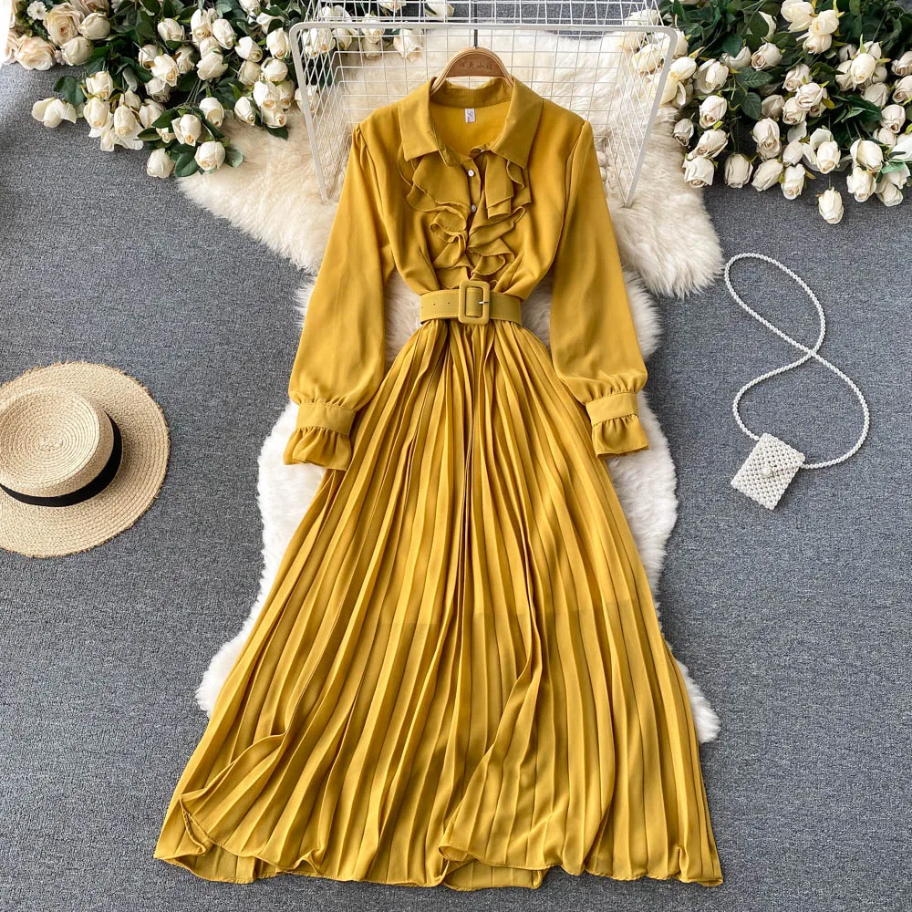 

Винтажное женское шифоновое Плиссированное длинное платье, весеннее элегантное платье с отложным воротником, однобортное повседневное же...