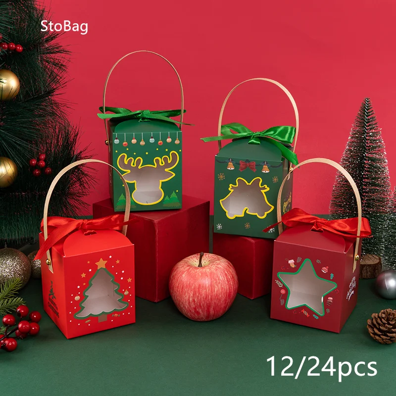 

StoBag-Christmas Gift Box Apple Candy Kraft Paper Handle Packaging Chocolate Snack Kids Party Spring Festival Supplies New 12Pcs
